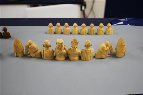 An East African carved wood chess set, kings 5cm, in carved hardwood box, possibly from The Cameroon